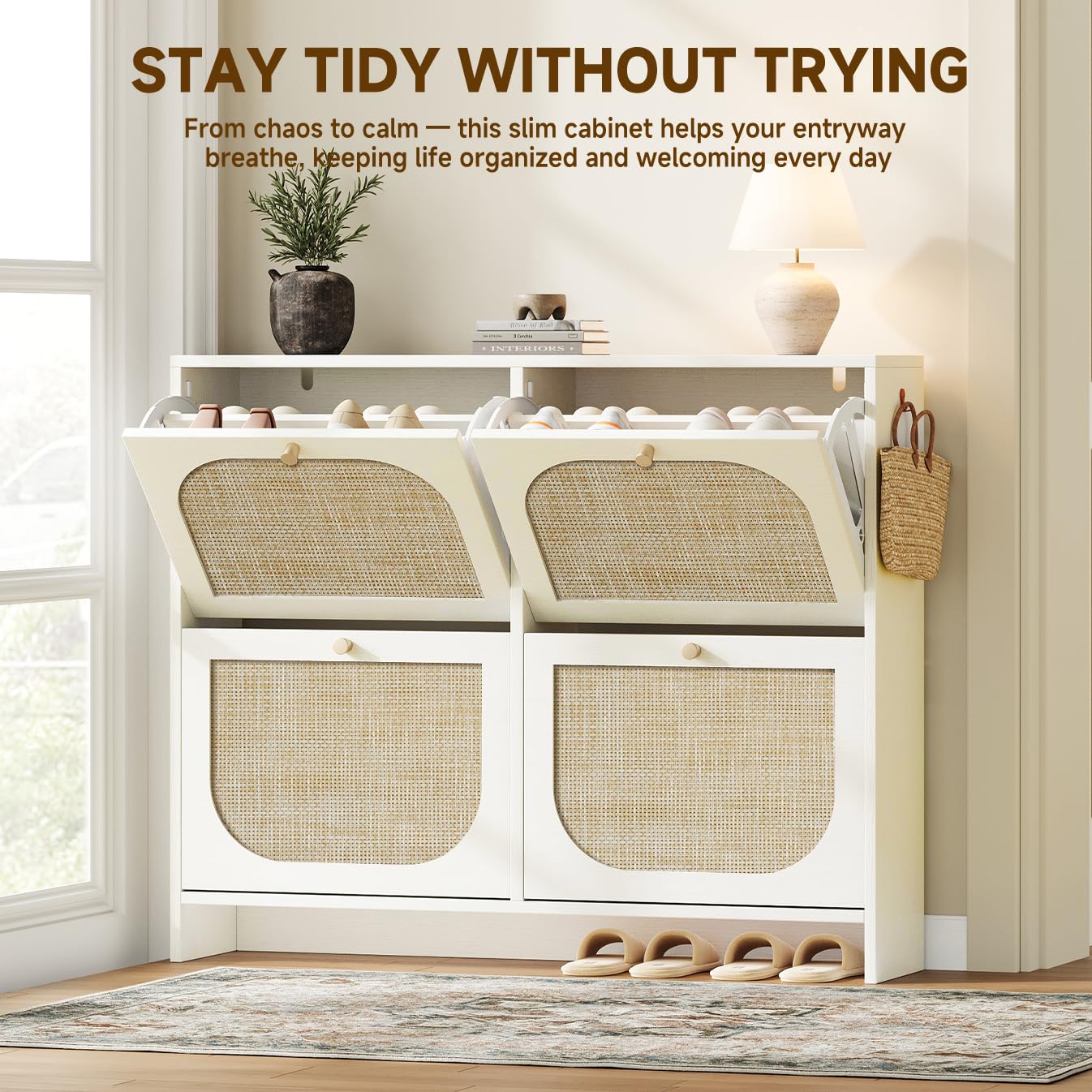 Nicetree Rattan Shoe Cabinet for Entryway, 9.5" Ultra-Thin Narrow Shoe Rack with 4 Flip Drawers