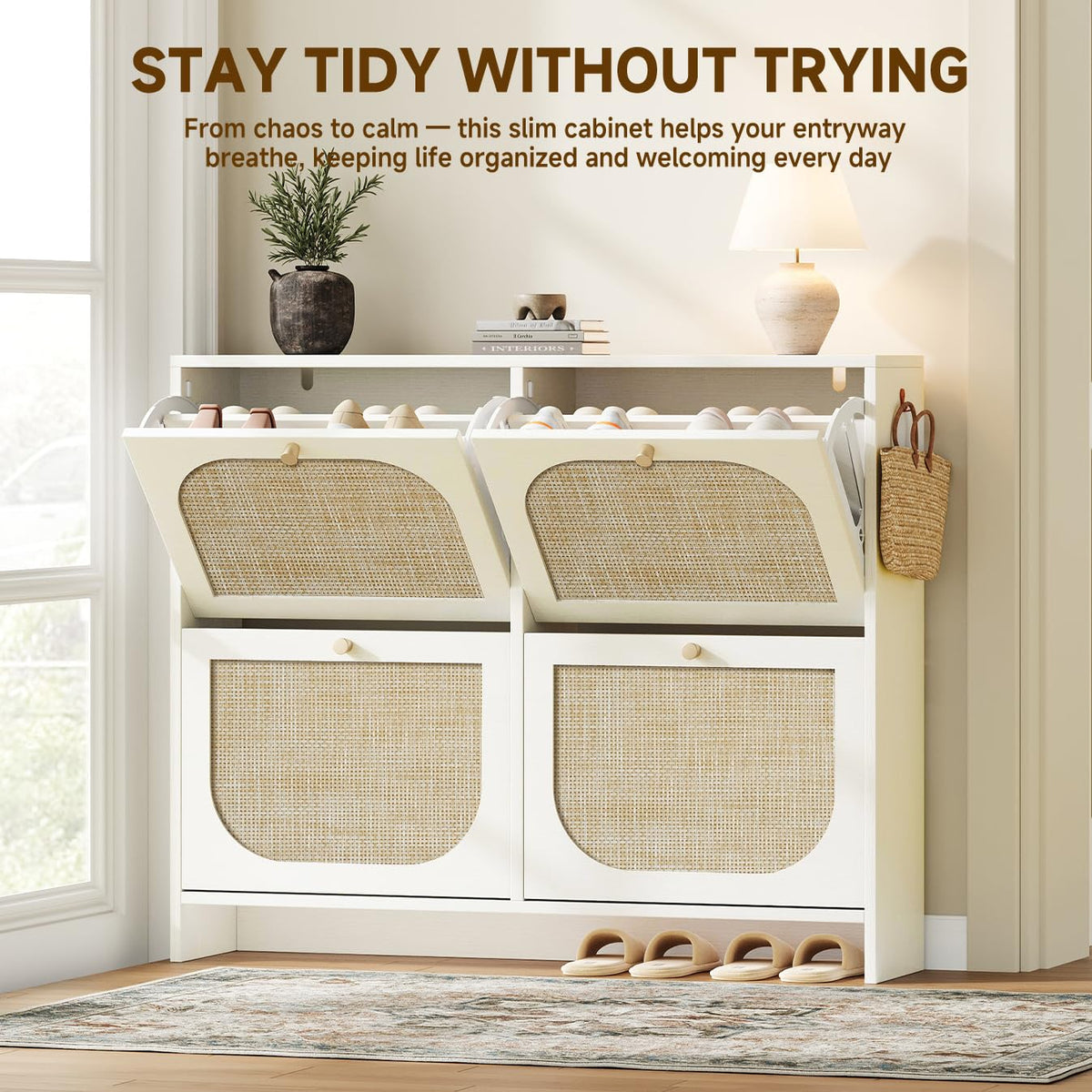 Nicetree Rattan Shoe Cabinet for Entryway, 9.5" Ultra-Thin Narrow Shoe Rack with 4 Flip Drawers