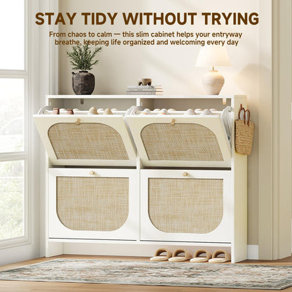 Nicetree Rattan Shoe Cabinet for Entryway, 9.5" Ultra-Thin Narrow Shoe Rack with 4 Flip Drawers