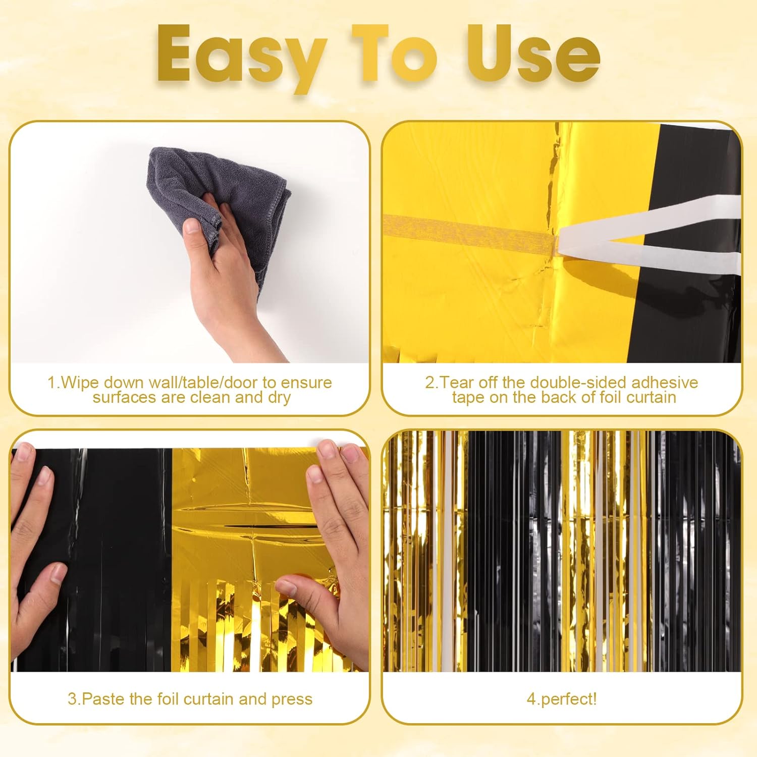 3 Pack 3.3x8.2 Feet Black and Gold Foil Fringe Backdrop Curtains, Tinsel Streamers Birthday Party