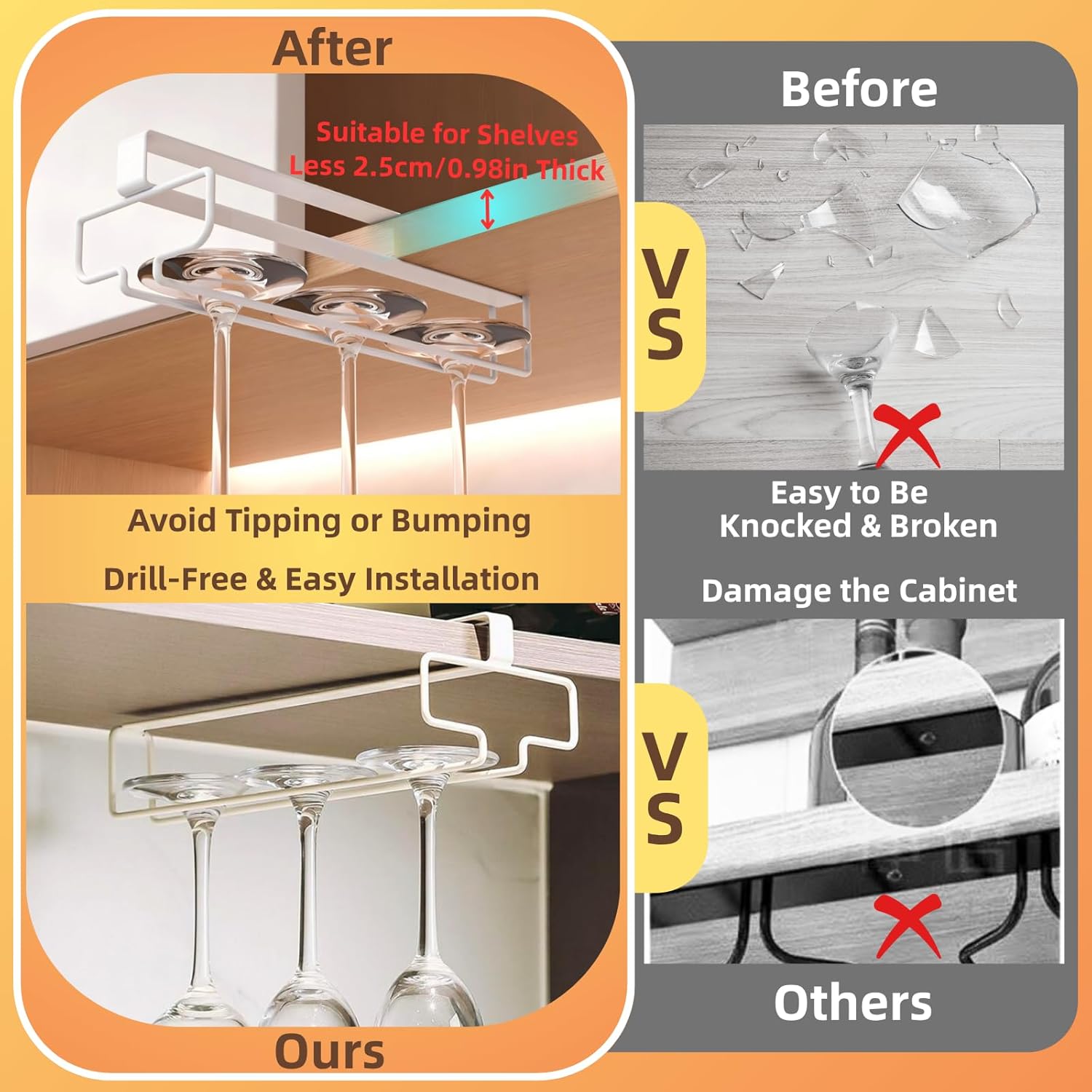 LINFIDITE 2 Pack Wine Glass Holder Stemware Rack Hanger Under Cabinet Wine Glass Rack Kitchen