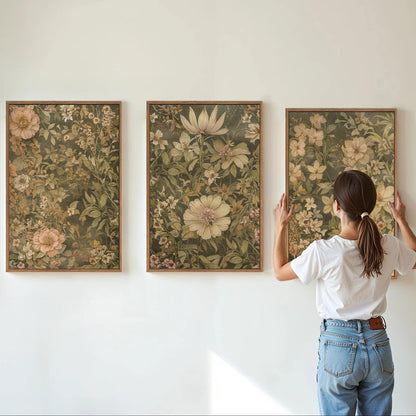 SIGNINART Vintage Floral Framed Canvas Wall Art Set of 3, Mid Century Modern Wildflower Wall Decor