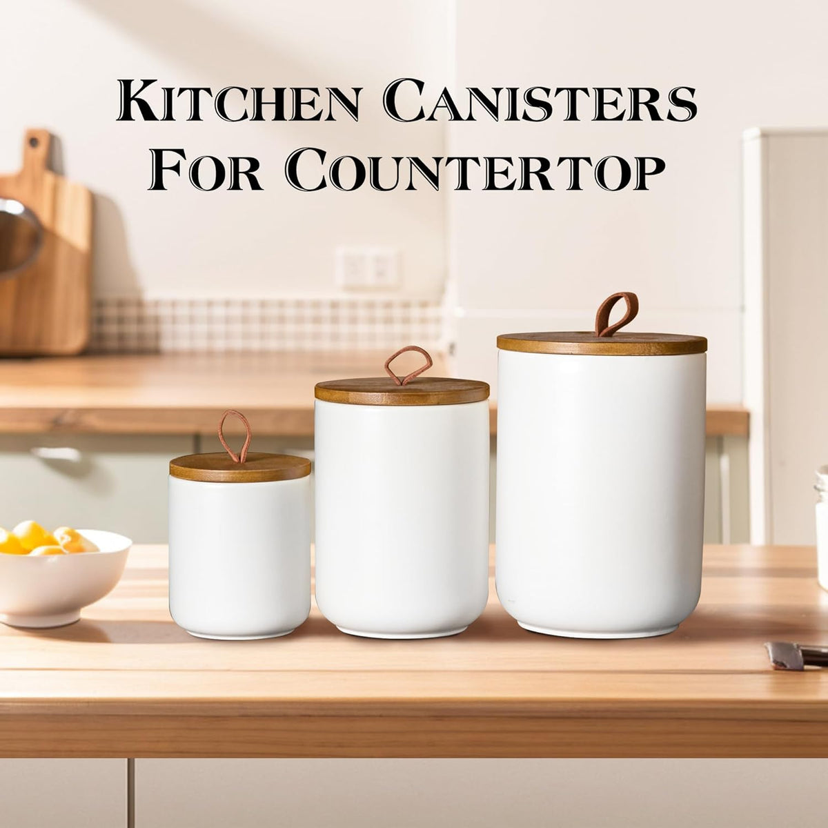 JOJUNO White Ceramic Canister Set with Wooden Lid, 3-Piece Airtight Food Storage Jars for Kitchen