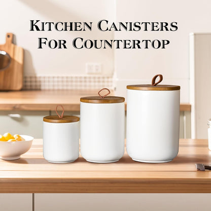 JOJUNO White Ceramic Canister Set with Wooden Lid, 3-Piece Airtight Food Storage Jars for Kitchen