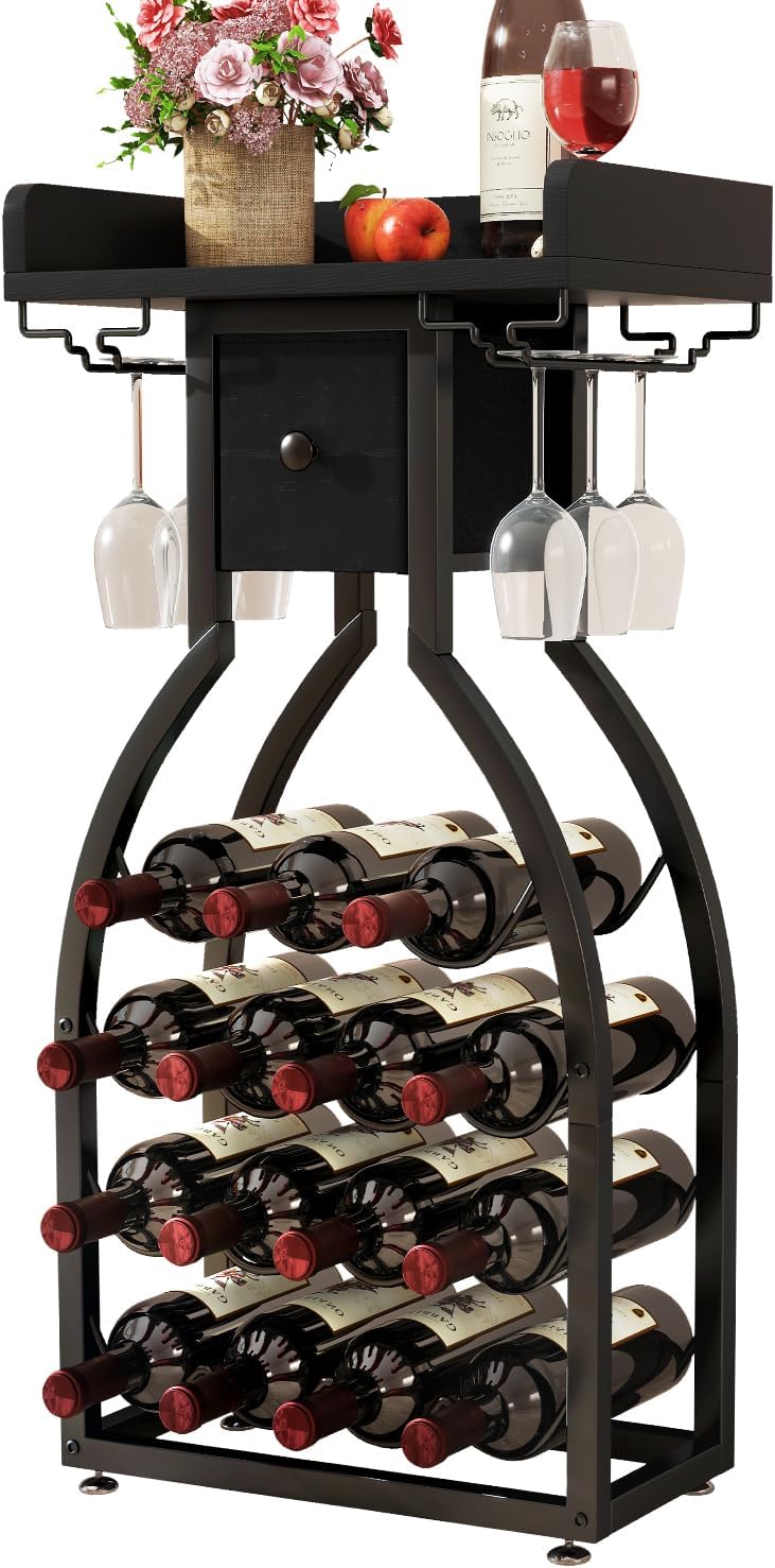 IBUYKE Wine Rack Freestanding Floor,Wine Storage 15 Bottles Bottle Rack with Glass Holders, Mini