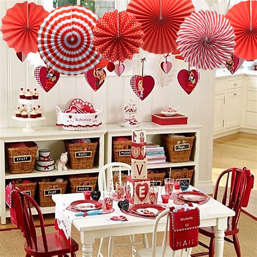 Party Hanging Paper Fans Set, Red Round Pattern Paper Garlands Decoration for Birthday Wedding