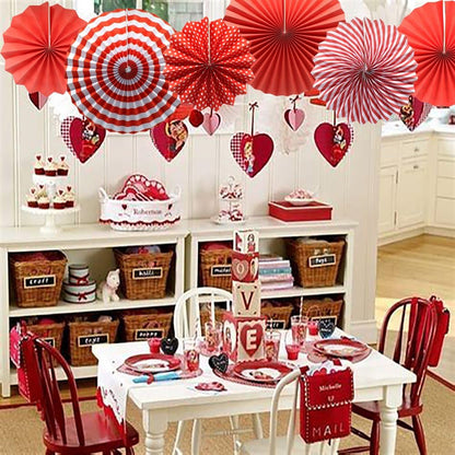 Party Hanging Paper Fans Set, Red Round Pattern Paper Garlands Decoration for Birthday Wedding