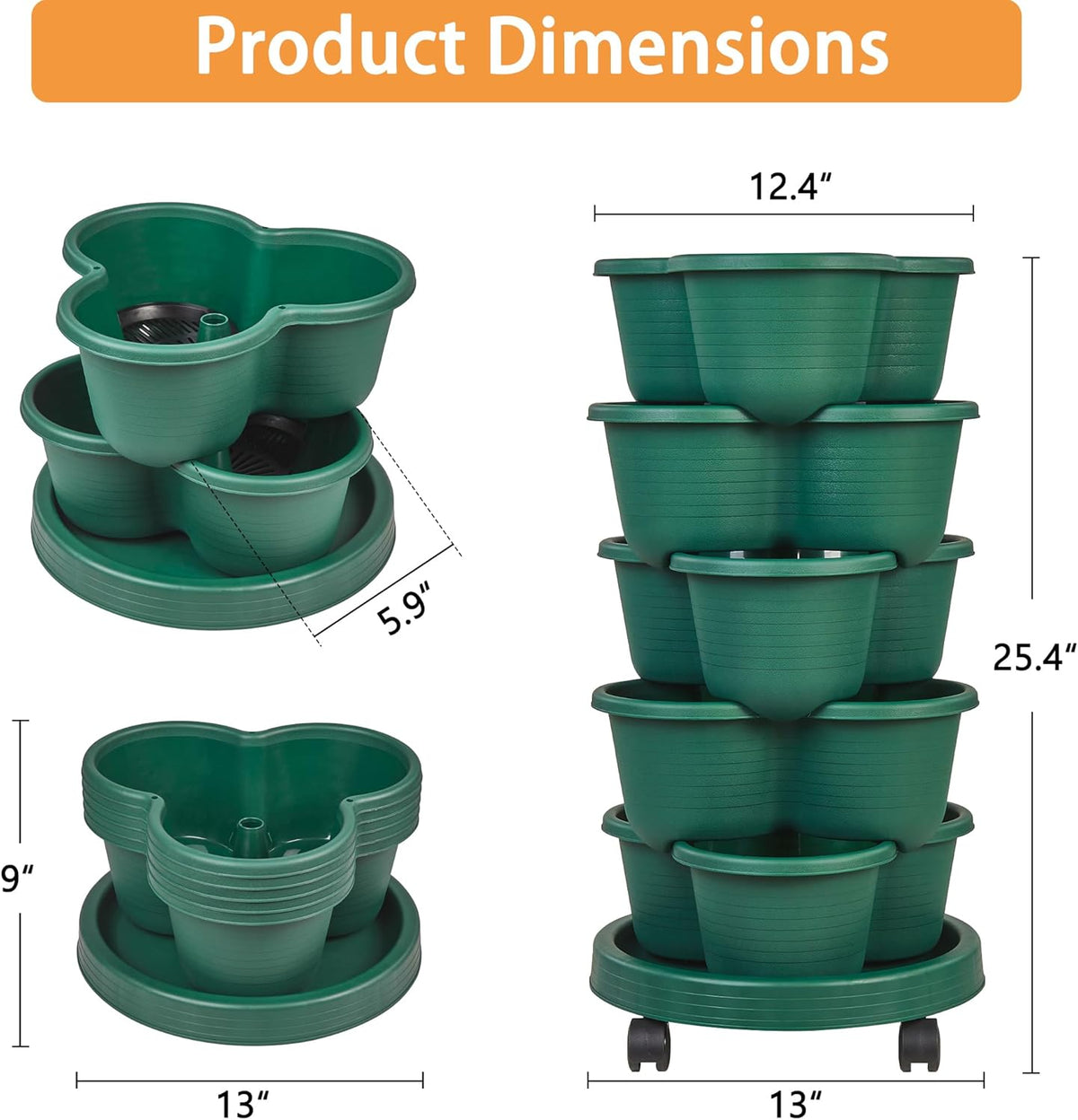 VECELO 5 Tier Vertical Garden Planter, Self Watering Stackable Planters with Wheels for