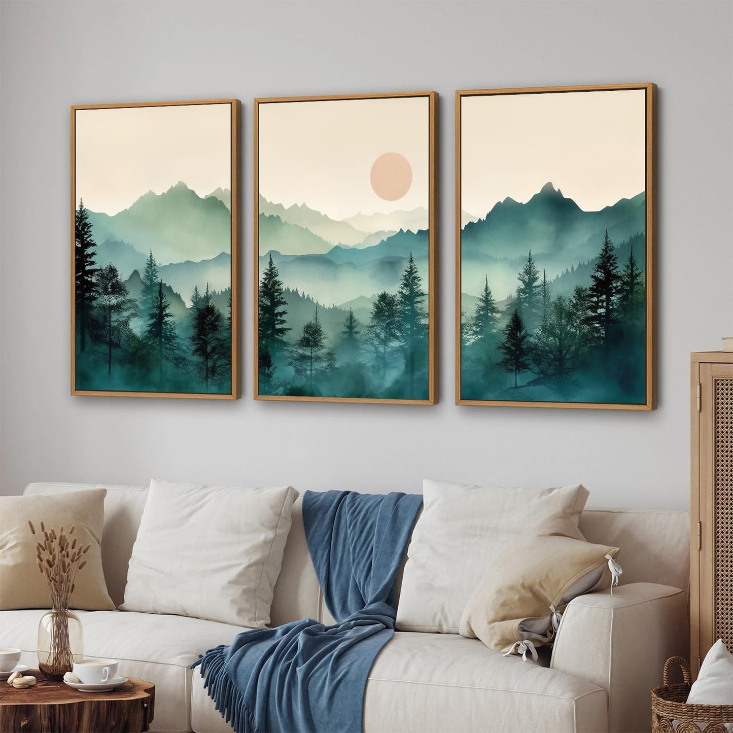 SIGNINART Large Boho Mountain Framed Canvas Wall Art Set, Nature Pine Tree Wall Painting, Abstract