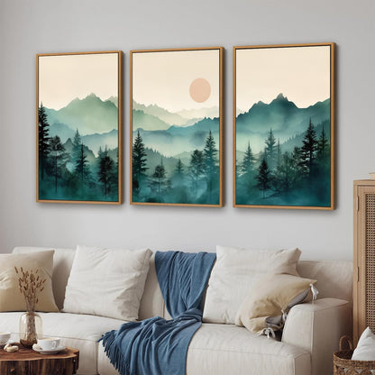 SIGNINART Large Boho Mountain Framed Canvas Wall Art Set, Nature Pine Tree Wall Painting, Abstract