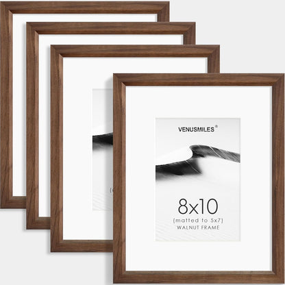 8x10 Picture Frame Set of 4 Natural Solid Walnut Photo Frames with 5x7 Removable Mat Wall Hanging