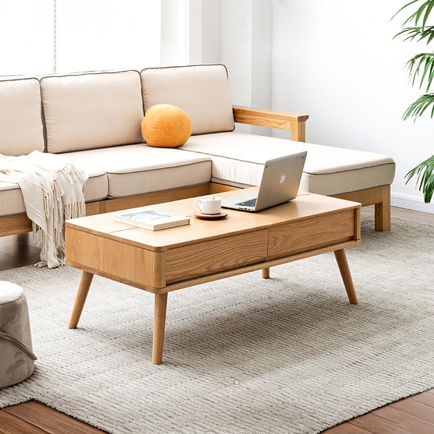 100% Solid Wood Lift Top Coffee Table for Living Room, Mid Century Modern Tables with Drawers and