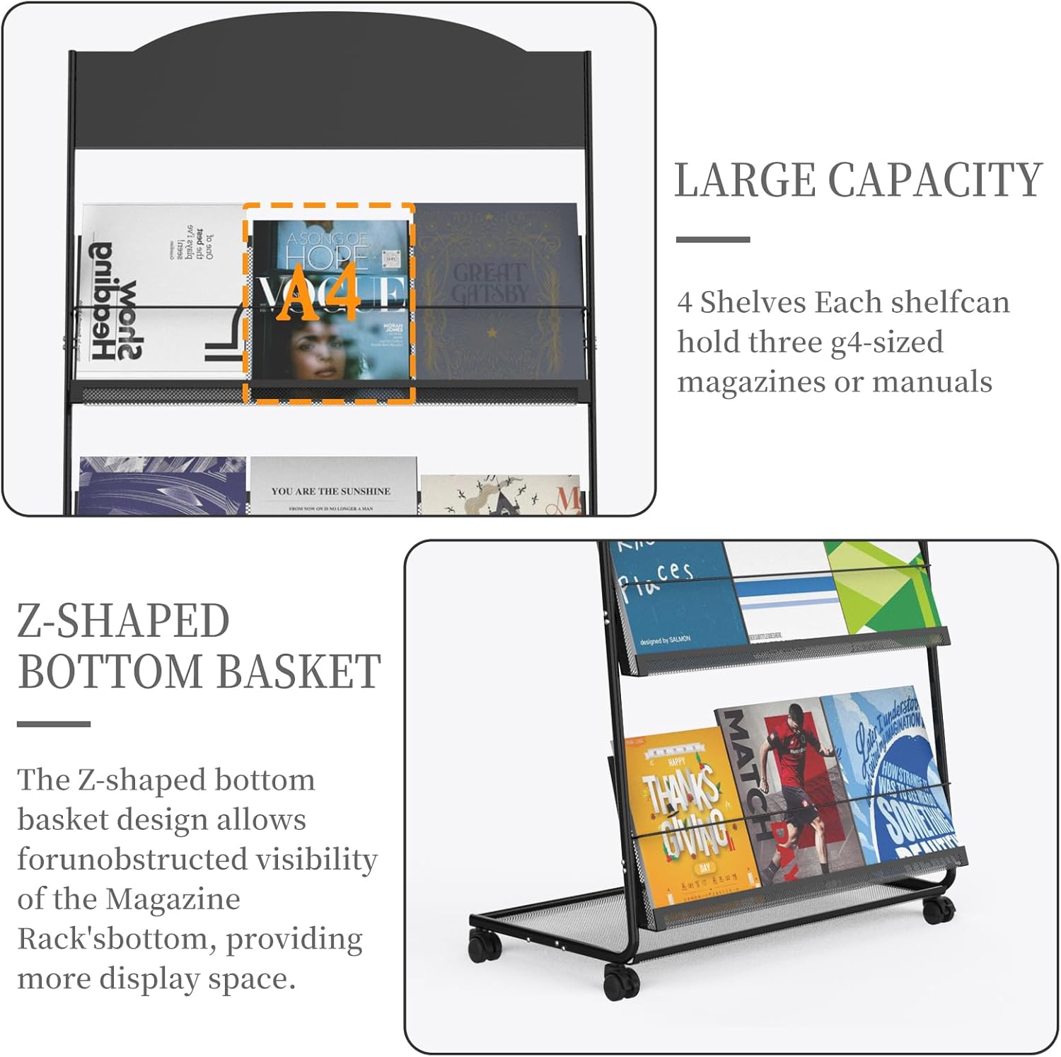 Floor-Standing Magazine Rack 4-Layer with Wheels, Semi-arched top Brochure Display Stand