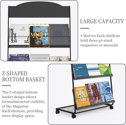 Floor-Standing Magazine Rack 4-Layer with Wheels, Semi-arched top Brochure Display Stand