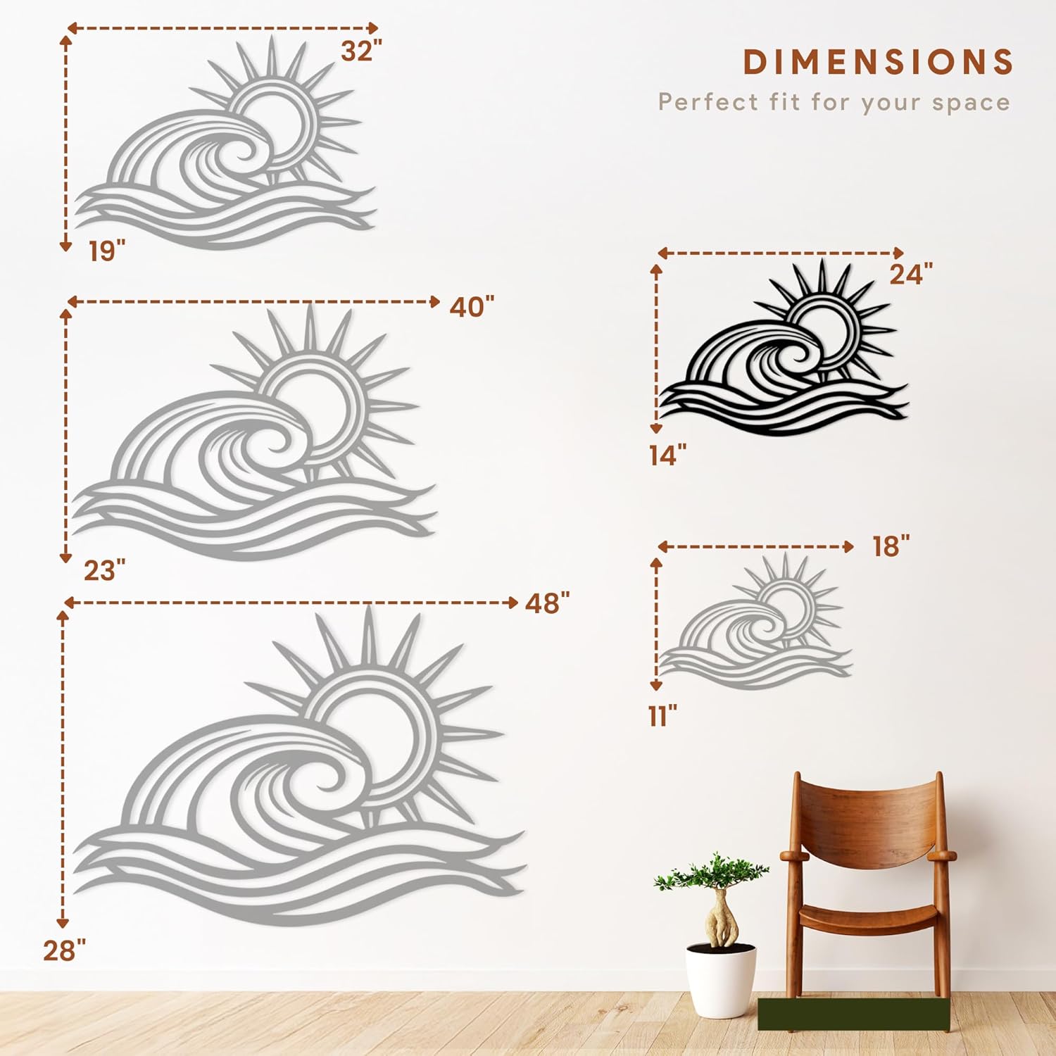 Wita Home Ocean Wave Metal Wall Art, Sun Beach Decor, Coastal Large Wall Sculpture for Home