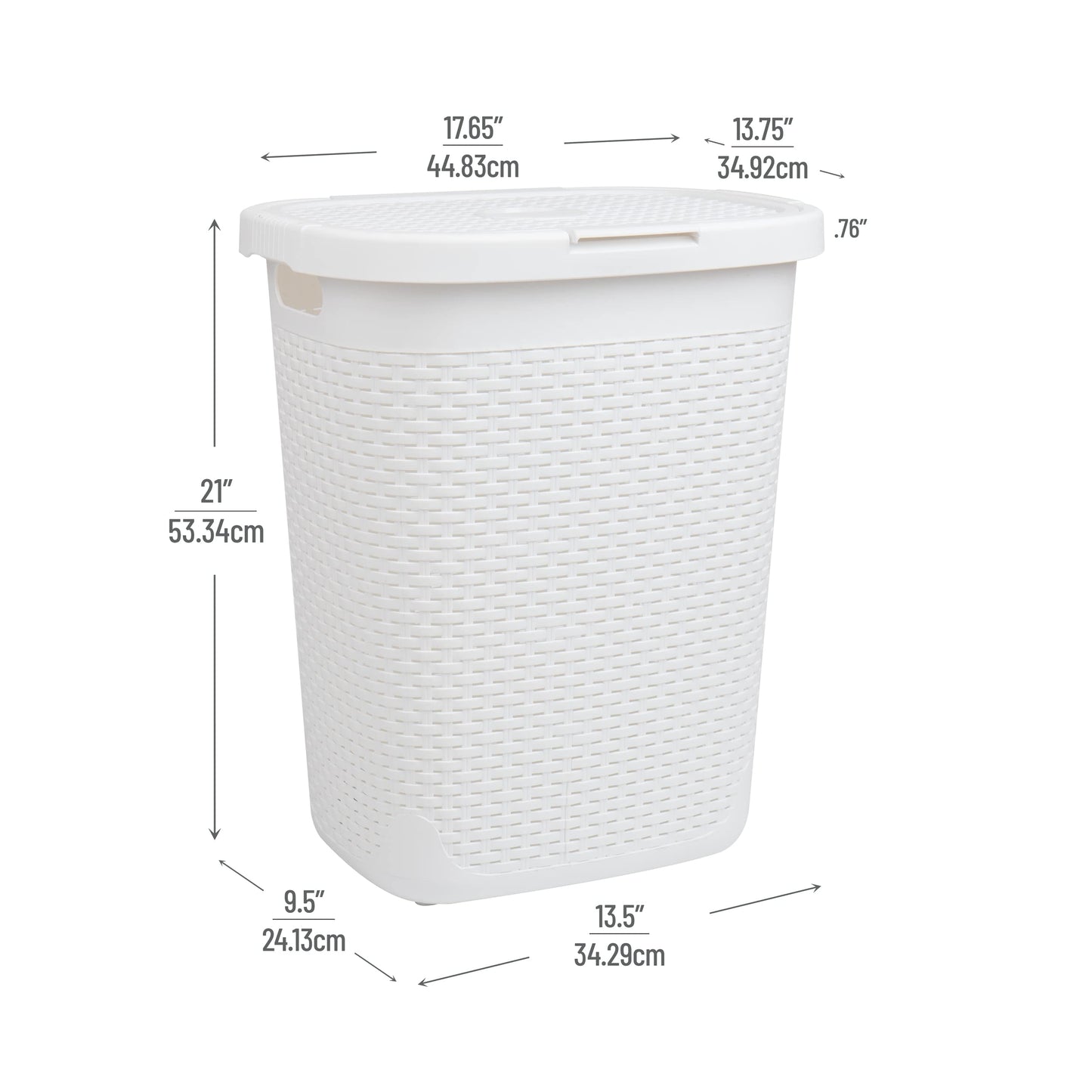Mind Reader Slim Laundry Hamper with Lid, 50L Clothes Basket, Premium Wicker Design, Plastic, White