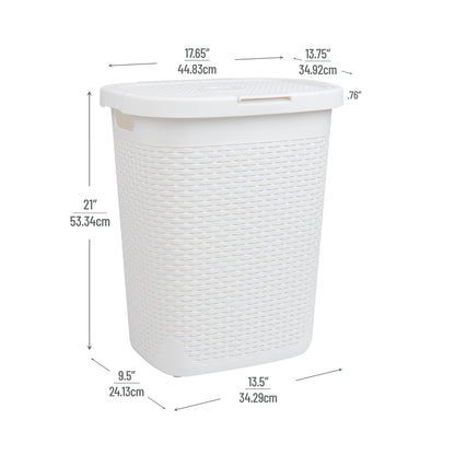 Mind Reader Slim Laundry Hamper with Lid, 50L Clothes Basket, Premium Wicker Design, Plastic, White