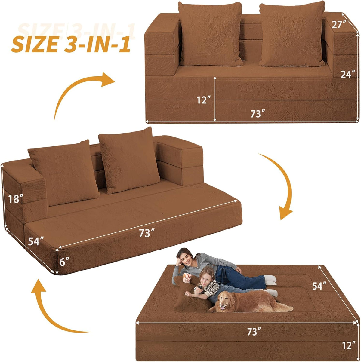 Folding Bean Bag Chair for Adults,3-in-1 Bean Bag Couch Faux Fur Floor Sofa Large Beanbag