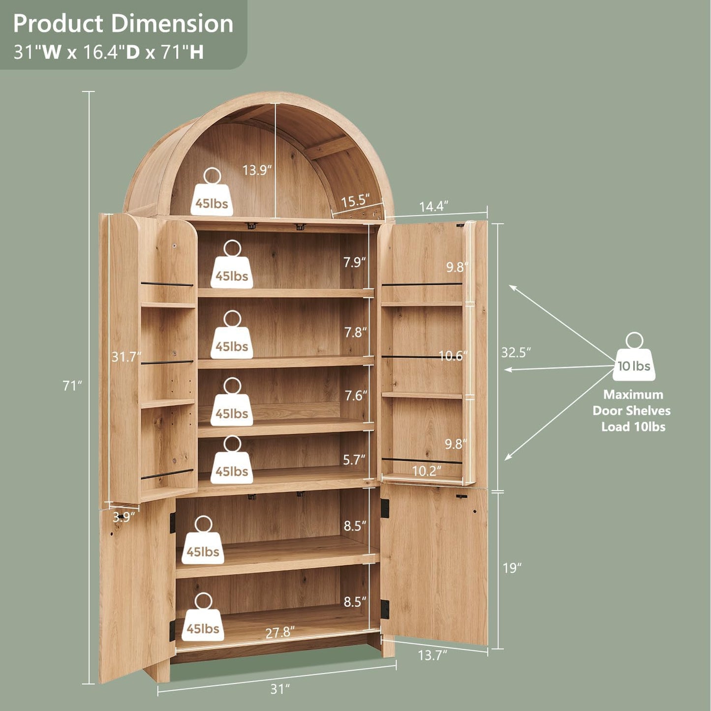 71" Tall Arched Bathroom Storage Cabinet, Modern Fluted Storage Cabinet w/Doors, 3 Adjustable