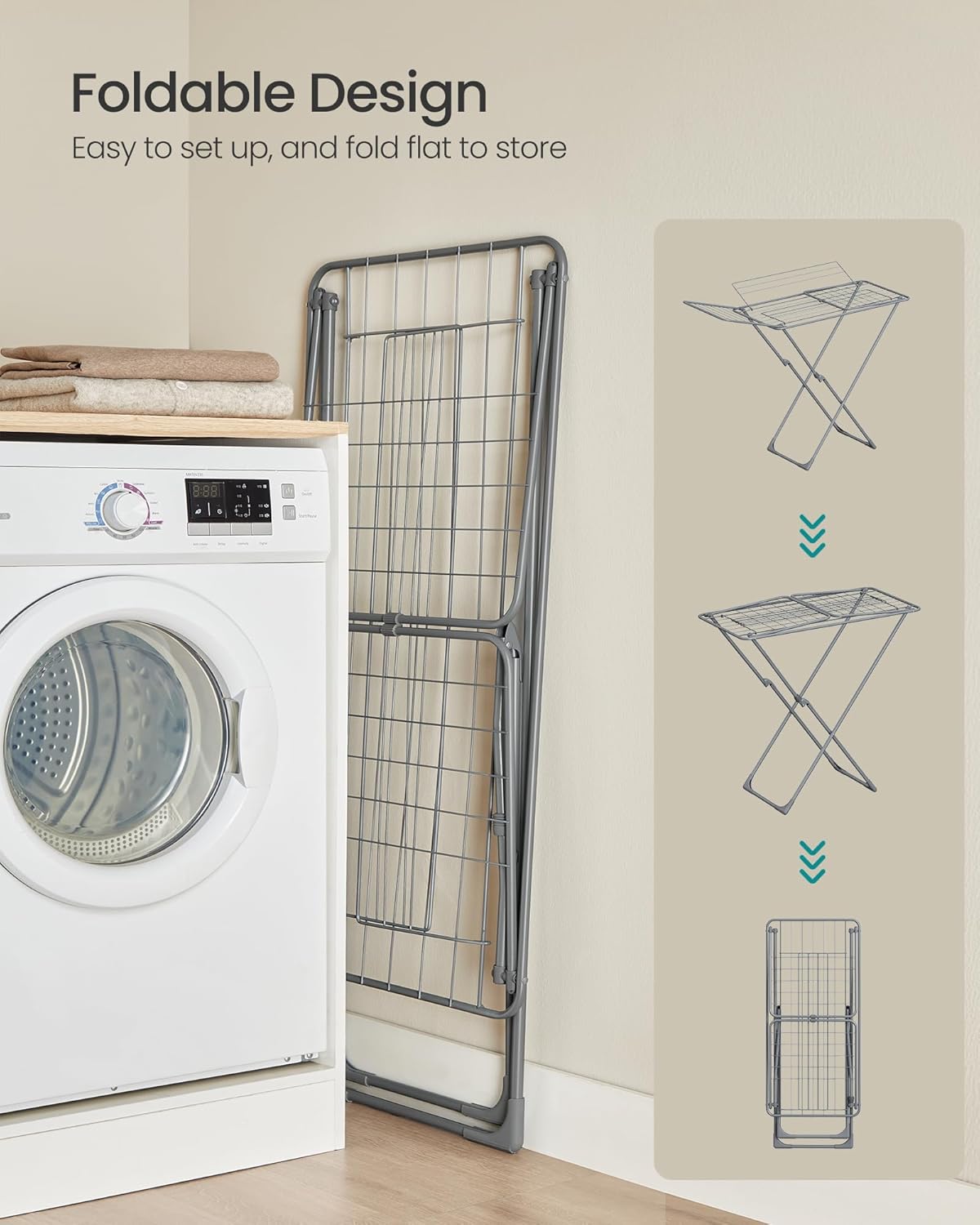 SONGMICS Clothes Drying Rack, Metal Laundry Drying Rack, Foldable, Space-Saving, Free-Standing