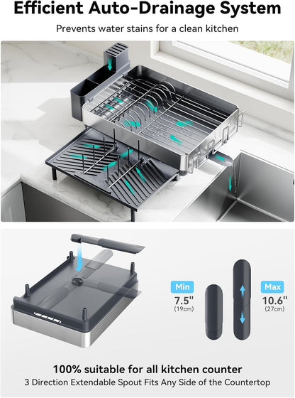 SUNLY Large Dish Drying Rack, Expandable Dish Racks for Kitchen Counter, Space Saving 304 Stainless