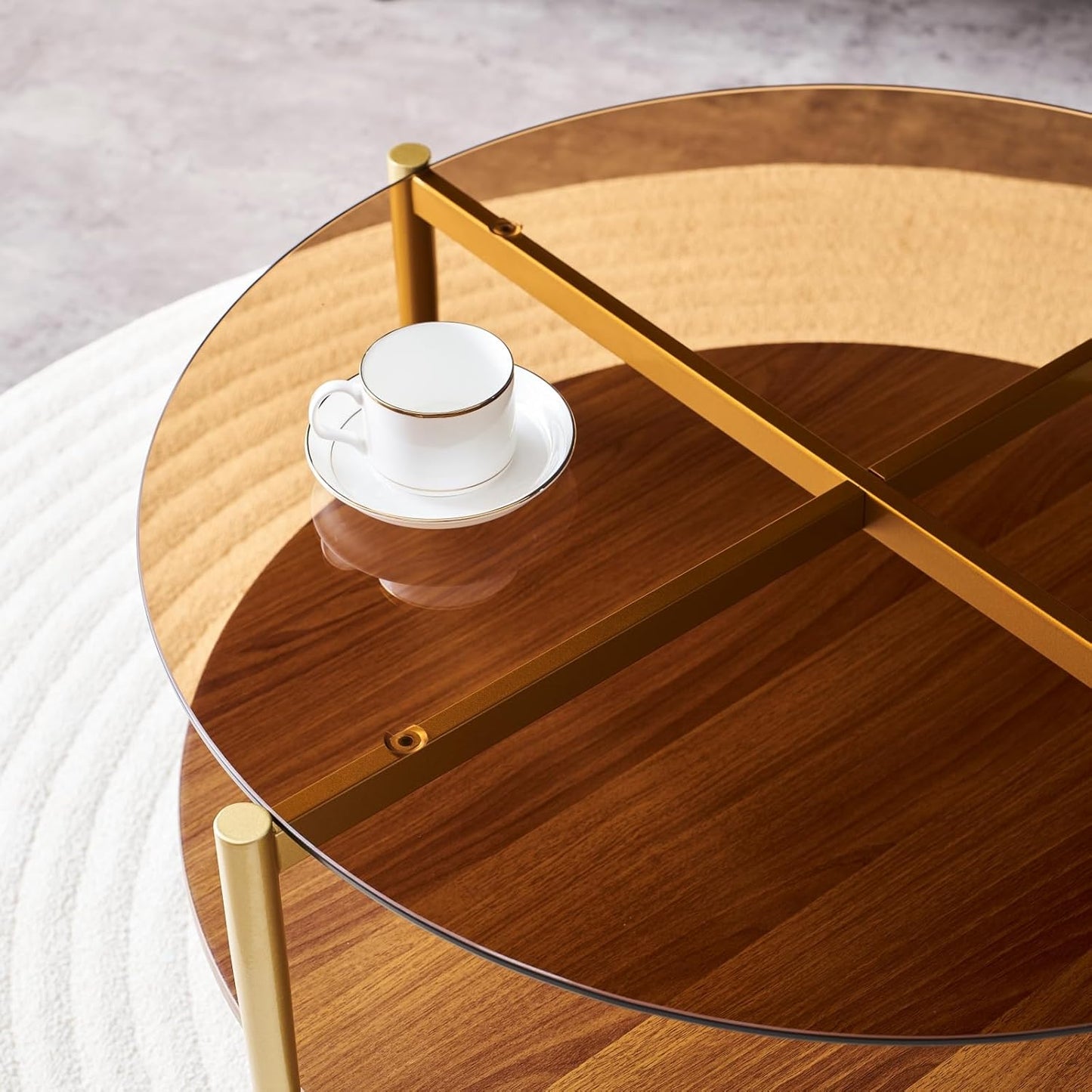 Round Coffee Table, Mid-Century Modern Design, D30 x H17, for Living Room, 2-Tier Structure, Amber