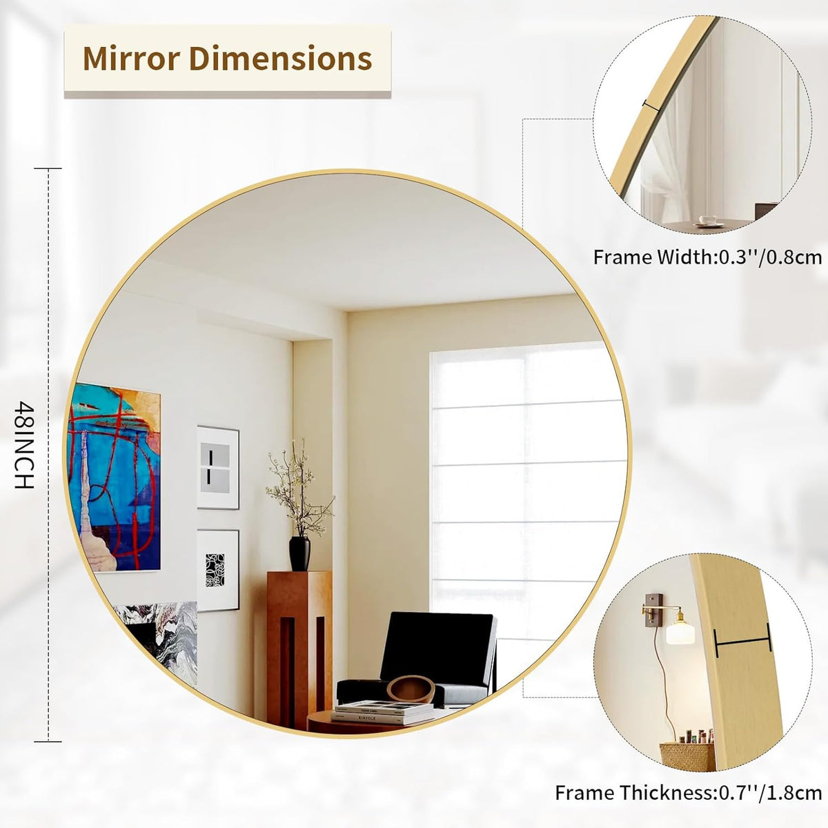 BEAUTYPEAK 48 Inch Round Mirror, Metal Frame Circle Mirror, Wall Mounted for Entryway, Bathroom