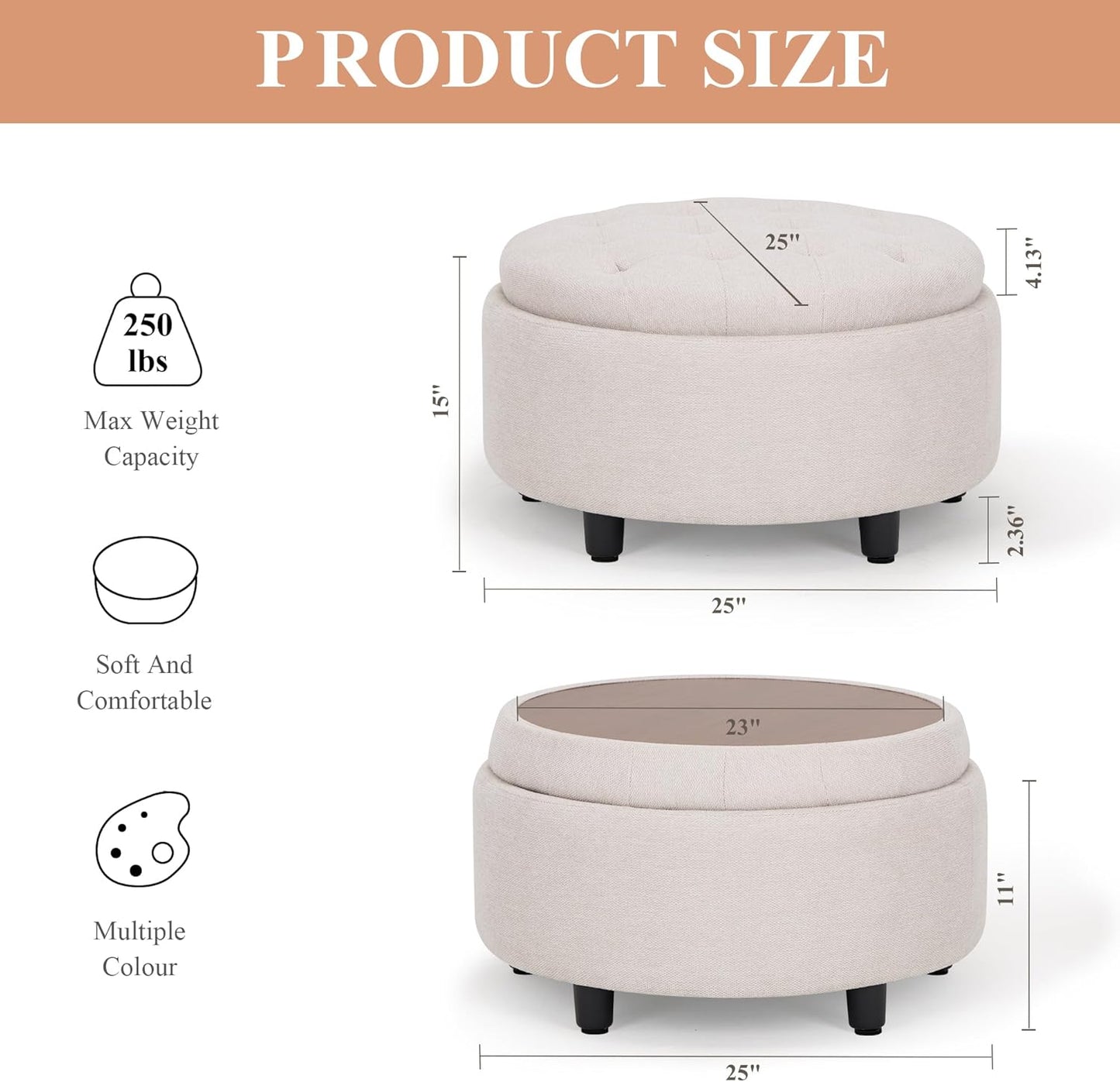 COLAMY Fabric Round Storage Ottoman with Reversible Tray Lid – Multi-Functional Footrest, Hidden