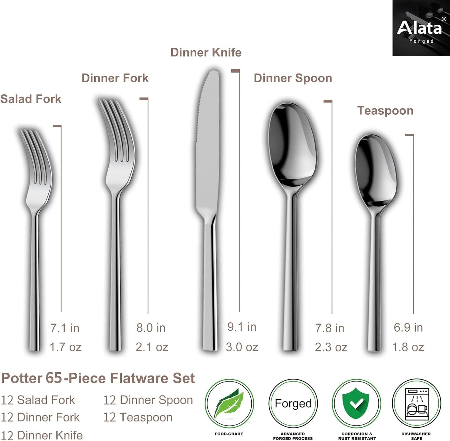 Alata Potter 65-Piece Forged Silverware Set, Service for 12 ??Premium Stainless Steel Flatware Set