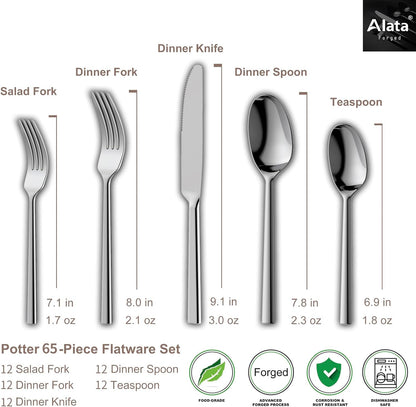 Alata Potter 65-Piece Forged Silverware Set, Service for 12 ??Premium Stainless Steel Flatware Set