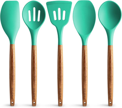 Zulay Kitchen Non-Stick Cooking Utensils Set with Authentic Acacia Wood Handles – 5-Piece Durable &