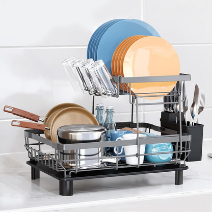 GAXmi Dish Drying Rack Over The Sink Dish Drainer with Drainboard Utensil Holder Cup Holder, 2-Tier