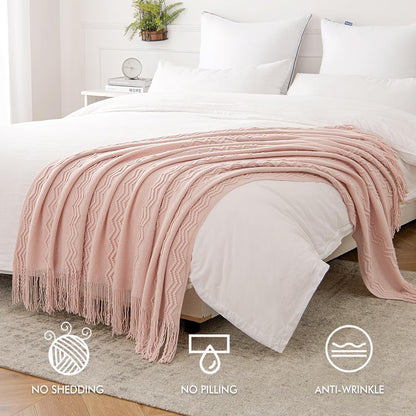MIULEE Light Pink Knitted Throw Blanket for Couch Bed, Boho Textured Cozy Woven Decorative