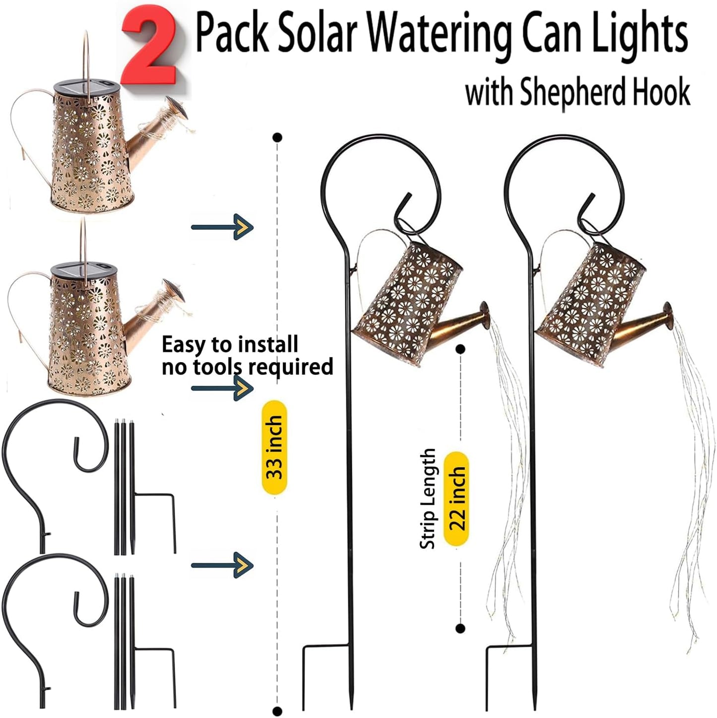 2 Pack Solar Watering Can Lights with Shepherd Hook, 8 Multi-Color Changing Modes, IP65 Waterproof