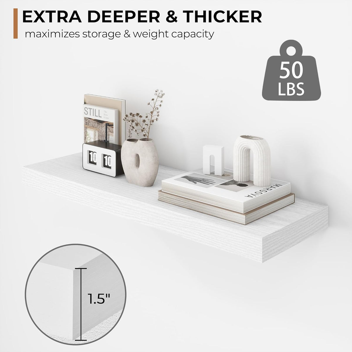 Fun Memories 24 Inch Floating Shelves - Deep Rustic White Wooden Wall Shelves - Extra Deeper &