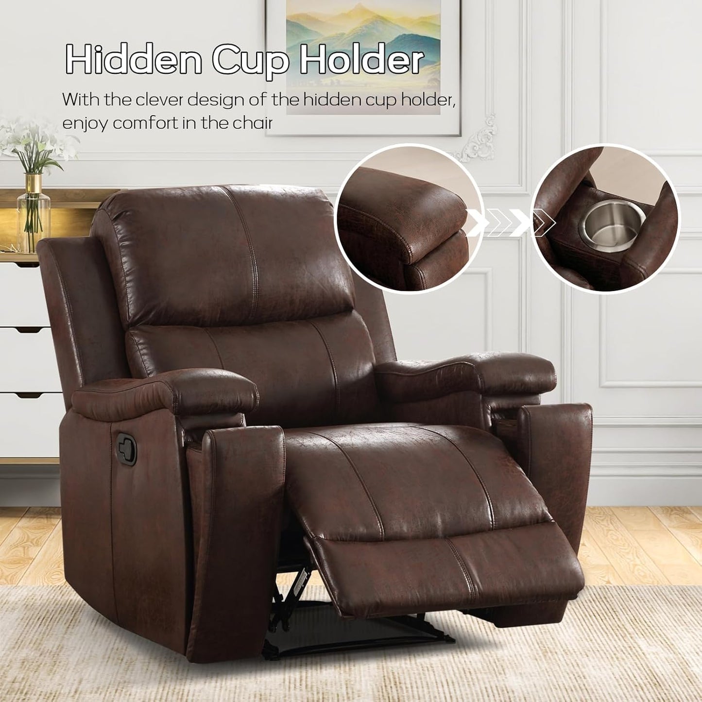 Brown Recliner Chair, Single Overstuffed Sofa Recliners, Breathable Faux Leather Manual Reclining