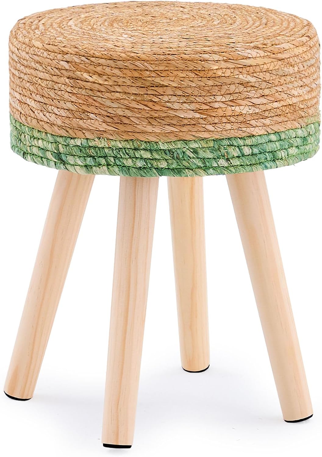 Handwoven Outdoor Ottoman, Water Hyacinth Pouf Round Patio Footstool with Wood Legs, 17-Inch