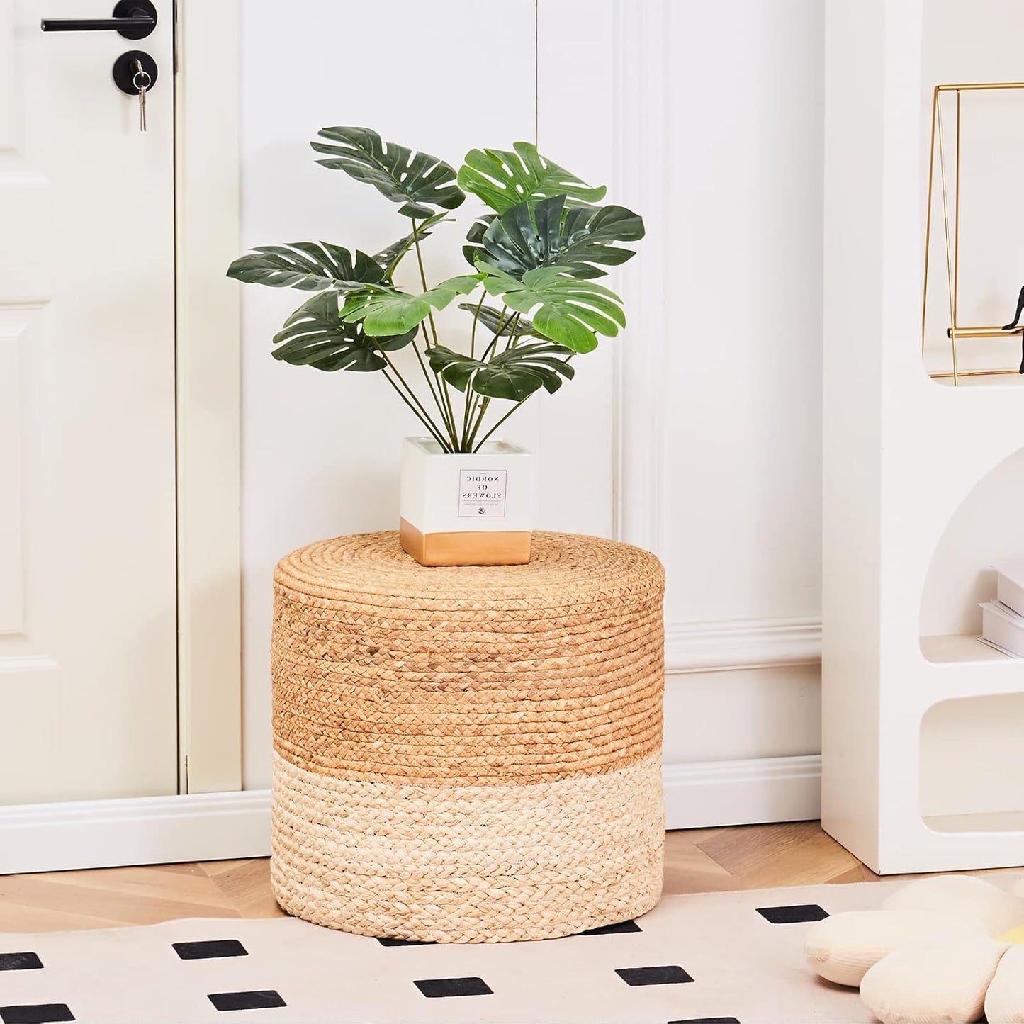 Wimarsbon 18'' Pouf Ottoman, Natural Braided Poof, Round Poufs, Rustic Handweave Lounge Pouffe
