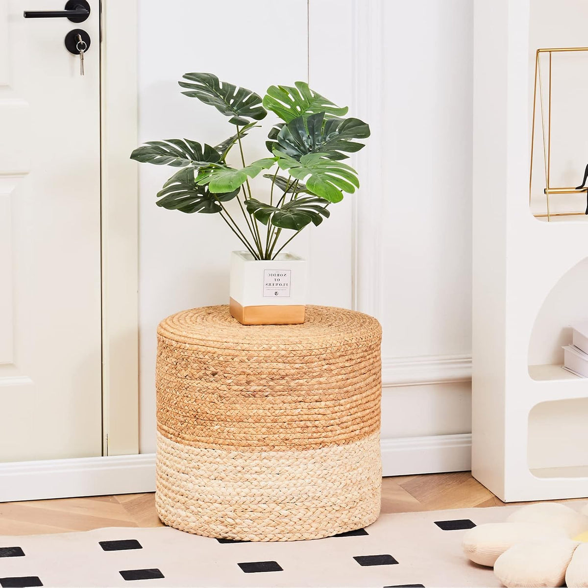 Wimarsbon 18'' Pouf Ottoman, Natural Braided Poof, Round Poufs, Rustic Handweave Lounge Pouffe