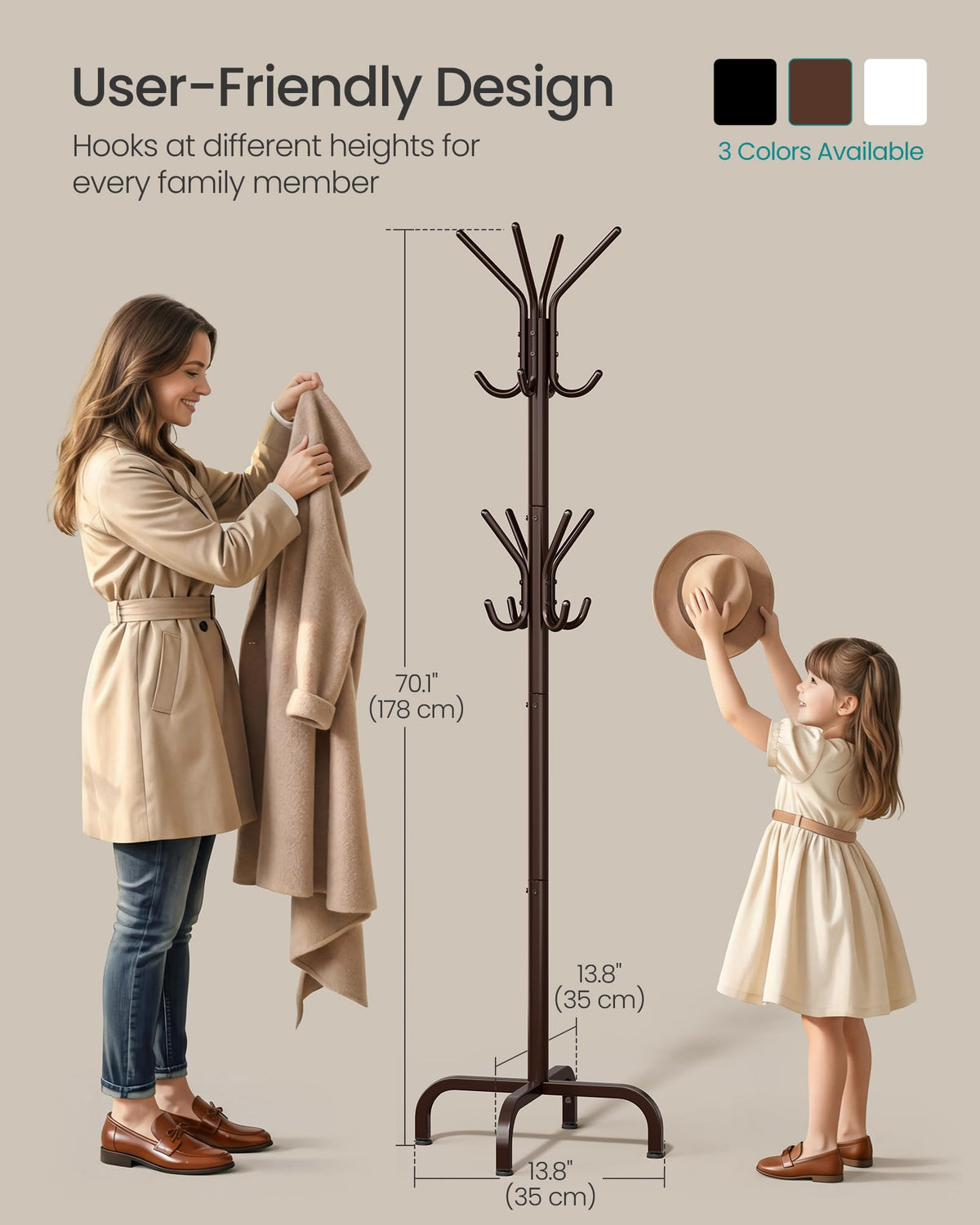 SONGMICS Coat Rack Freestanding with 16 Hooks, Metal Coat Tree Stand with 4 Adjustable Feet