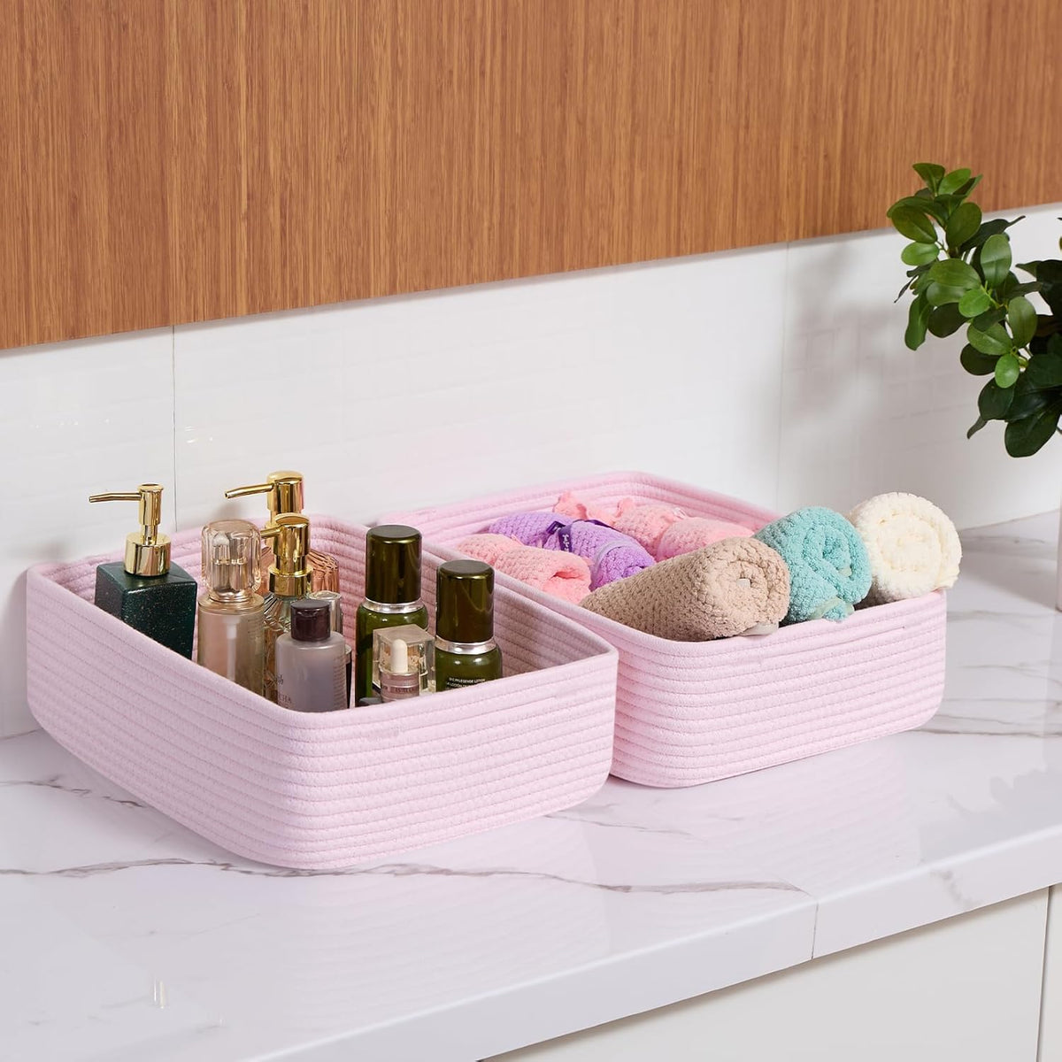 Large Shallow Organizing Baskets 15x11x5.1 Inches - Rope Woven Storage Bins for Bathroom, Shelves
