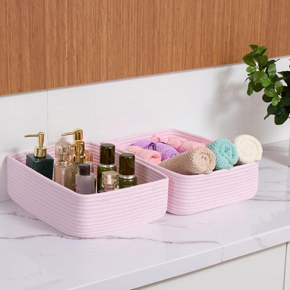 Large Shallow Organizing Baskets 15x11x5.1 Inches - Rope Woven Storage Bins for Bathroom, Shelves
