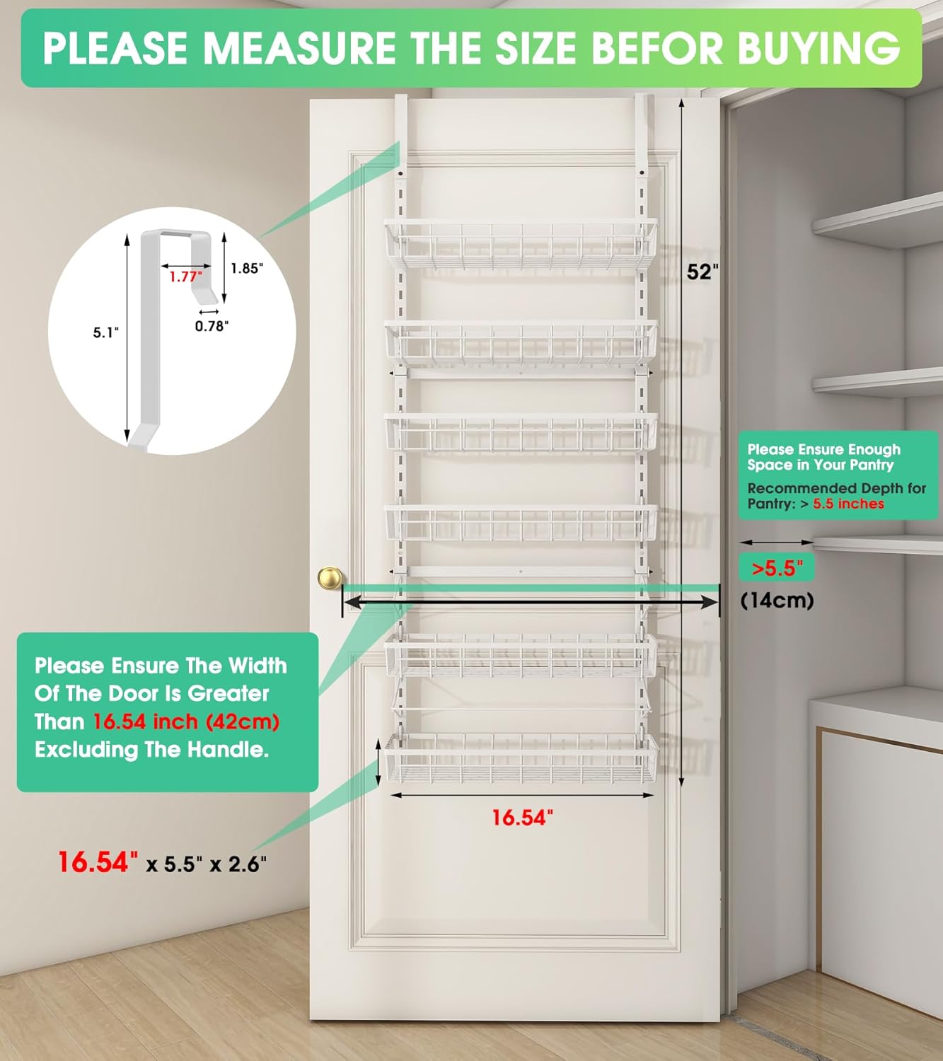 Over The Door Pantry Organizer, Wall Mount Spice Rack, Pantry Hanging Storage and Organization, 6