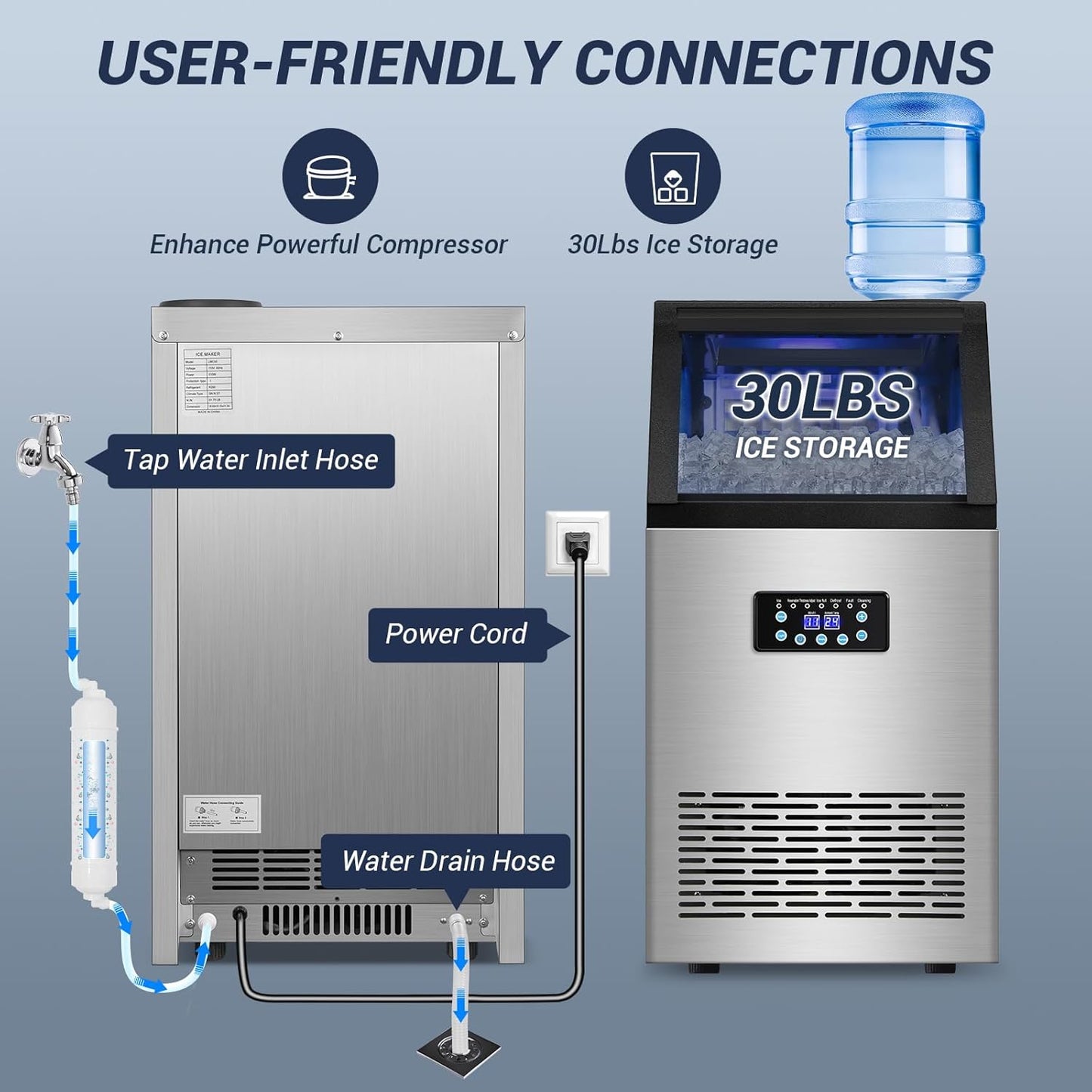 Commercial Ice Maker Machine 120LBS/24H with 30LBS Storage Bin, 15" Wide Undercounter/Freestanding
