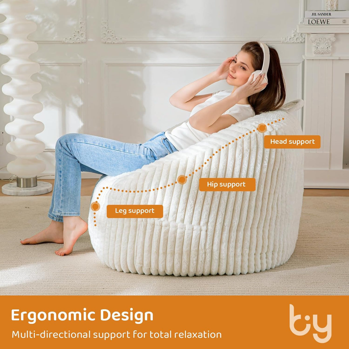 BYBYME Giant Bean Bag Chair for Adults and Kids, Large Comfy Cozy Beanbag, Floor Sofa for Teens