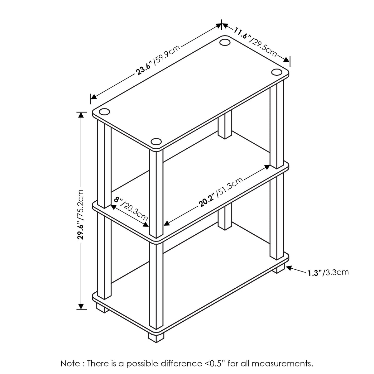 Furinno TURN-S-TUBE Storage Shelves, 3-Tier Book Shelf, Corner Shelf, Toolless Open Shelves, for