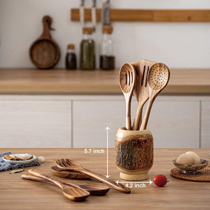 Gudamaye 13 inch Long Wooden Spoons for Cooking,Wooden Utensils for Cooking with Utensils Holder,9
