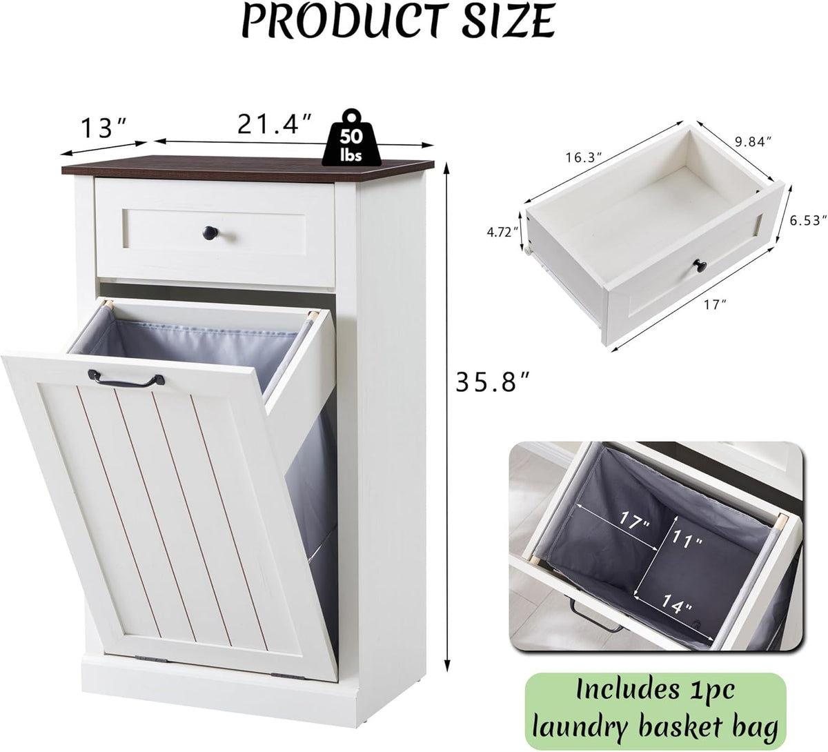 Tilt Out Laundry Hamper Cabinet, 10 Gallon Farmhouse Trash Can Cabinet with Drawer, Hidden Wood