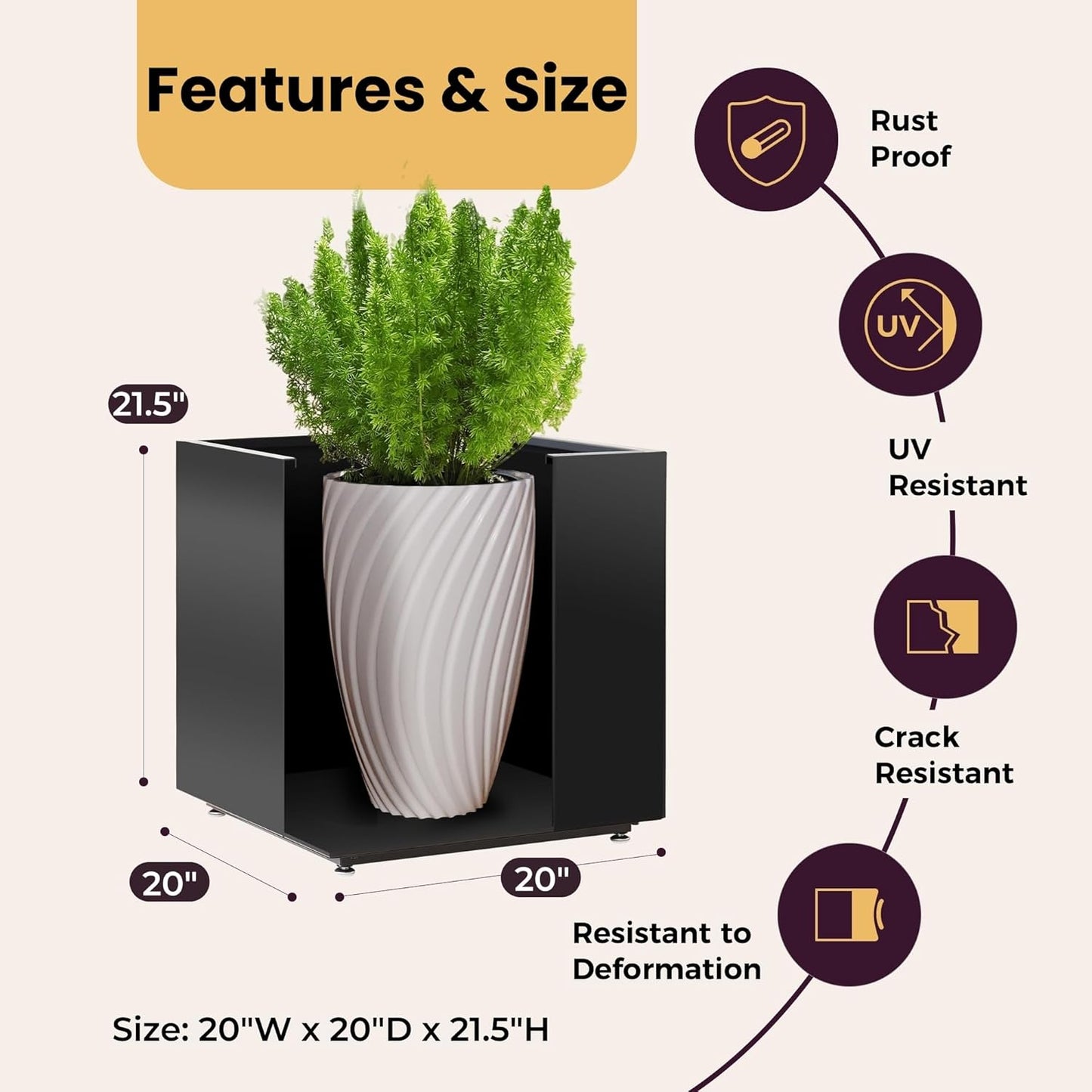 Large Metal Outdoor Planter Box 20Wx20Dx21.5H, Galvanized Steel Cube Planters for Outdoor Plants