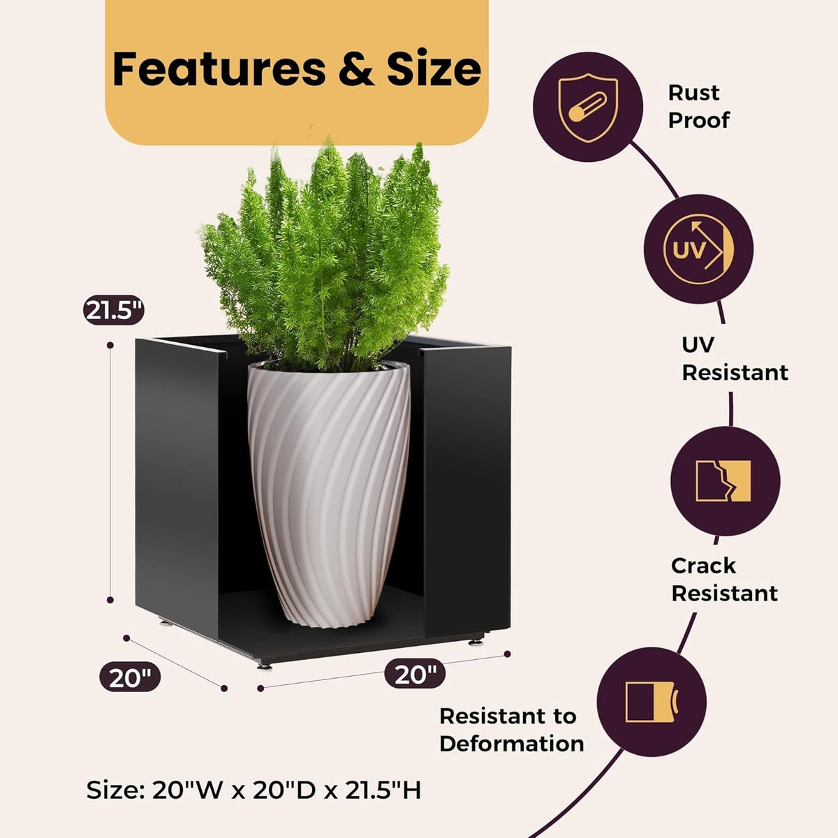 Large Metal Outdoor Planter Box 20Wx20Dx21.5H, Galvanized Steel Cube Planters for Outdoor Plants
